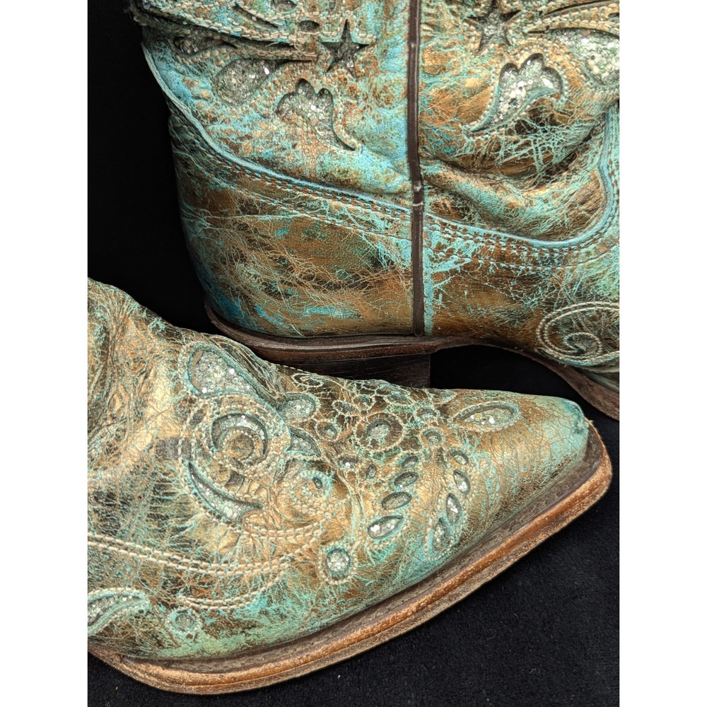 Corral Boots 7.5M Pointed Snip Toe Women Bronze/Turquoise Engraved Glitter Inlay - Picture 7 of 16